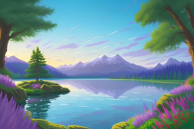 Beautiful and Peaceful Nature Scenery Illustration Landscape Countryside Tranquil Serene Vibrant