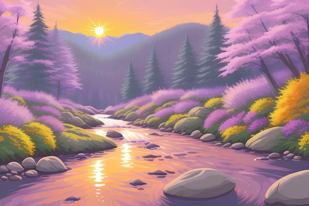 Beautiful and Peaceful Nature Scenery Illustration Landscape Countryside Tranquil Serene Vibrant