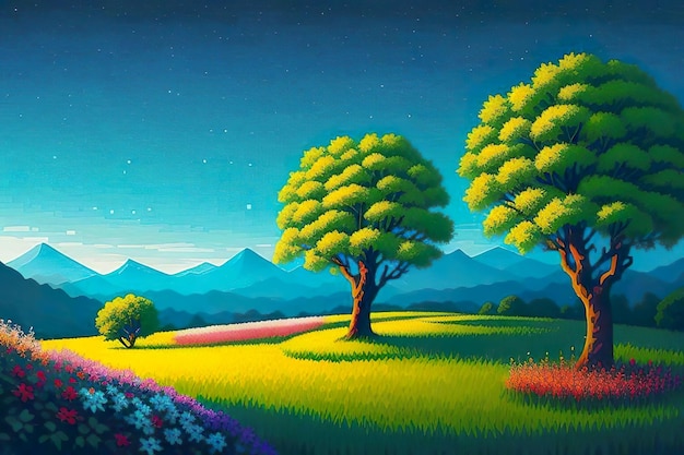 Beautiful and Peaceful Nature Scenery Illustration Landscape Countryside Tranquil Serene Vibrant