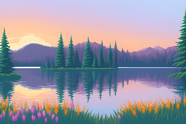 Beautiful and Peaceful Nature Scenery Illustration Landscape Countryside Tranquil Serene Vibrant