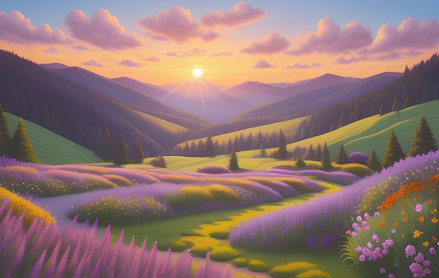 Beautiful and Peaceful Nature Scenery Illustration Landscape Countryside Tranquil Serene Vibrant