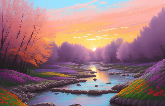 Beautiful and Peaceful Nature Scenery Illustration Landscape Countryside Tranquil Serene Vibrant