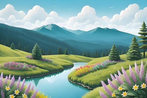 Beautiful and Peaceful Nature Scenery Illustration Landscape Countryside Tranquil Serene Vibrant