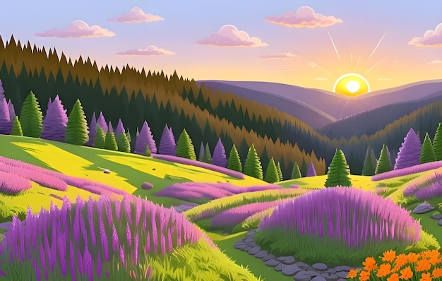 Beautiful and Peaceful Nature Scenery Illustration Landscape Countryside Tranquil Serene Vibrant