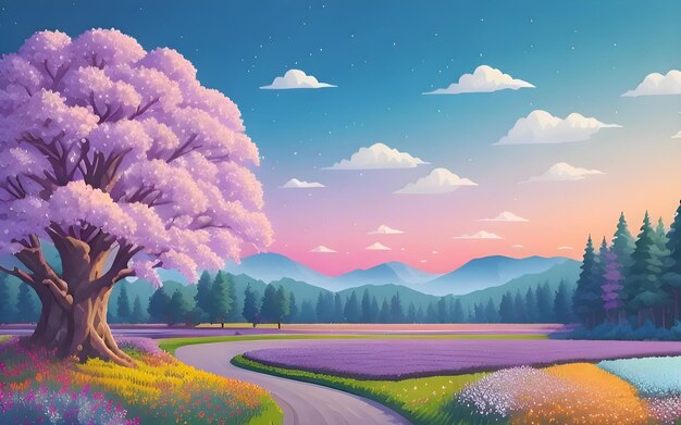 Beautiful and Peaceful Nature Scenery Illustration Landscape Countryside Tranquil Serene Vibrant