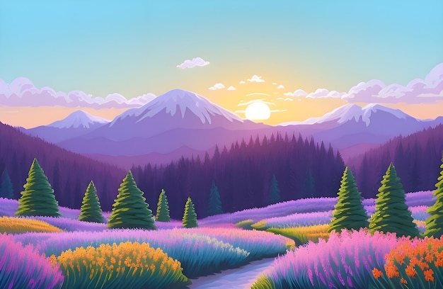 Beautiful and Peaceful Nature Scenery Illustration Landscape Countryside Tranquil Serene Vibrant