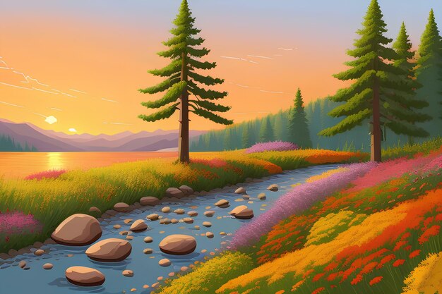 Beautiful and Peaceful Nature Scenery Illustration Landscape Countryside Tranquil Serene Vibrant