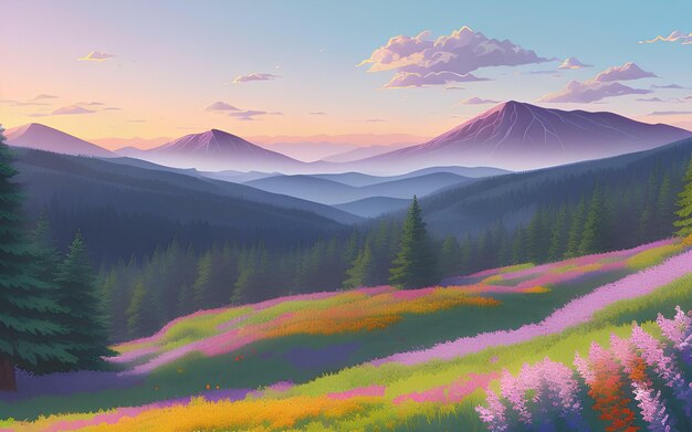 Beautiful and Peaceful Nature Scenery Illustration Landscape Countryside Tranquil Serene Vibrant