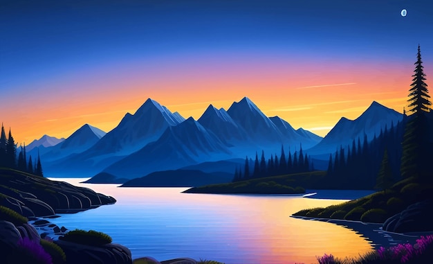 Beautiful and Peaceful Nature Scenery Illustration Landscape Countryside Tranquil Serene Vibrant