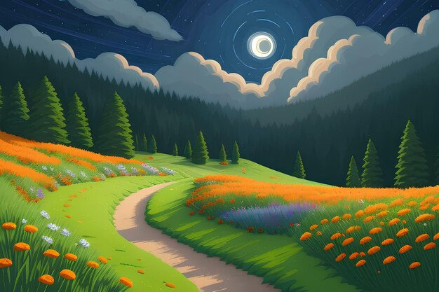 Beautiful and Peaceful Nature Scenery Illustration Landscape Countryside Tranquil Serene Vibrant