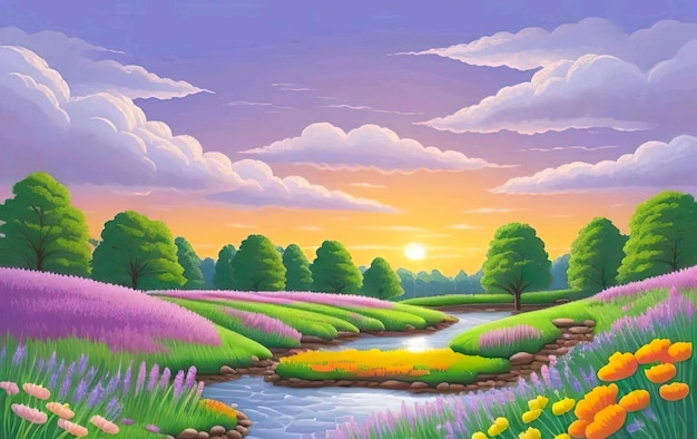 Beautiful and Peaceful Nature Scenery Illustration Landscape Countryside Tranquil Serene Vibrant