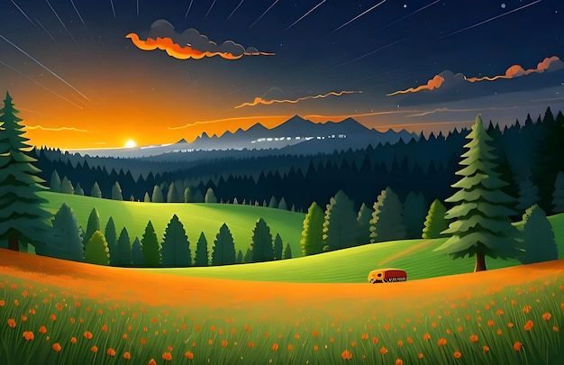 Beautiful and Peaceful Nature Scenery Illustration Landscape Countryside Tranquil Serene Vibrant