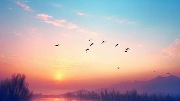 Beautiful Peaceful Spring Morning Sky with Birds