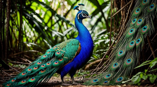 a beautiful peacock in the jungle