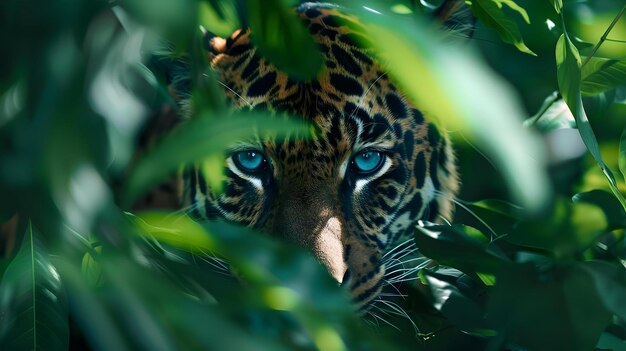 Photo a beautiful peers out from behind the lush foliage of the jungle its piercing blue eyes scanning th