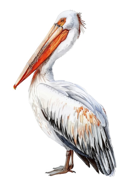 A beautiful pelican sitting on a white background perfect for use in designs and illustrations