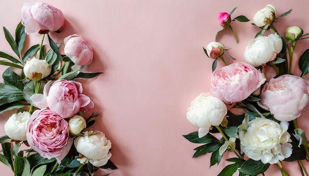 Beautiful peonies on light pink background Spring flowers Flat lay