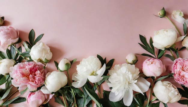 Beautiful peonies on light pink background Spring flowers Flat lay