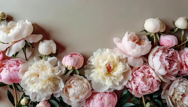 Beautiful peonies on light pink background Spring flowers Flat lay