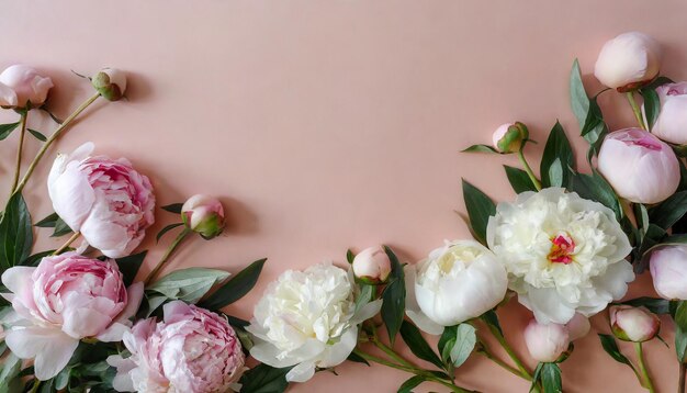 Beautiful peonies on light pink background Spring flowers Flat lay