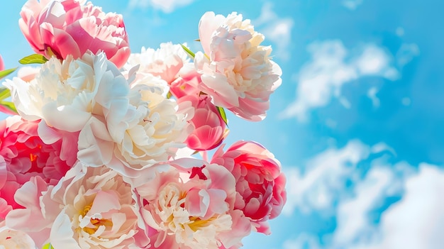 Beautiful peony flowers against blue sky closeup Generative AI