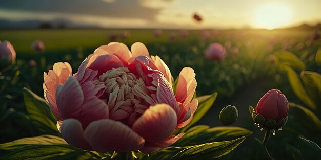 Beautiful Peony flowers in a green field on a sunny day Warm lighting