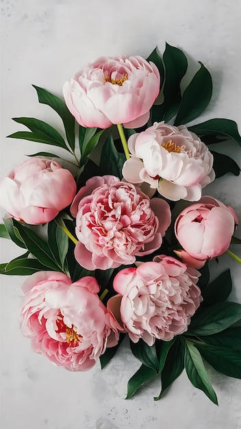 Beautiful peony flowers and green leaves on light gray background flat lay