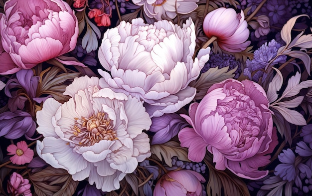 Beautiful peony flowers with leaves on background wallpaper