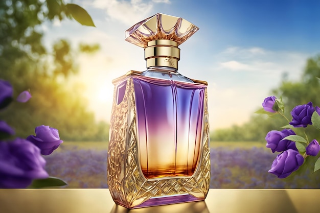 Beautiful perfume bottle with flowers against the sky Neural network AI generated