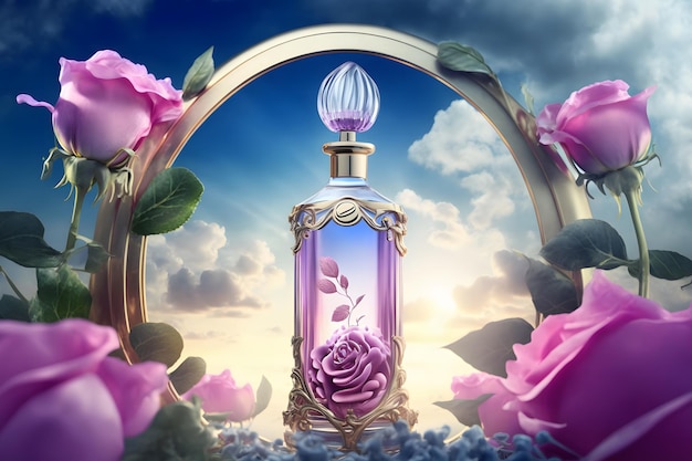 Beautiful perfume bottle with flowers against the sky Neural network AI generated