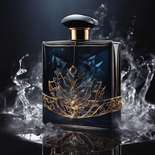 A beautiful perfume bottle with water on it with a dark deluxe box presented in a dark environment