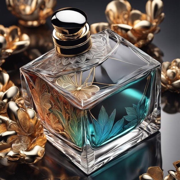 A beautiful perfume bottle with water on it with a dark deluxe box presented in a dark environment