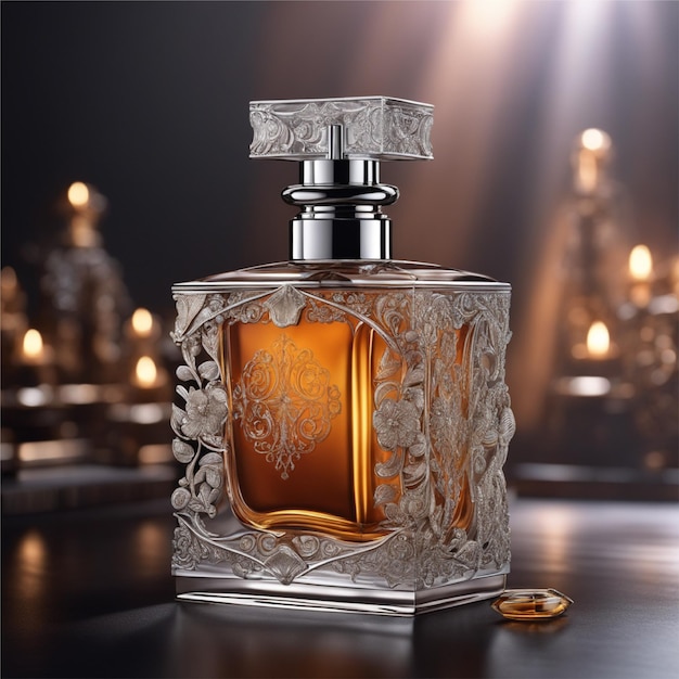 A beautiful perfume bottle with water on it with a dark deluxe box presented in a dark environment