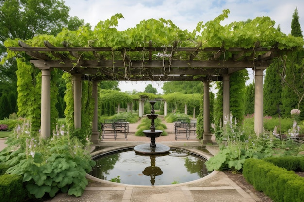 Beautiful pergola with vinecovered gazebo and water feature in the background