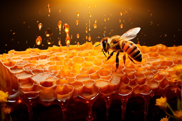 A beautiful photo of bees on a honeycomb Bees and home honey Drops of honey