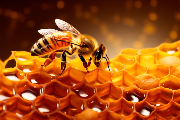 A beautiful photo of bees on a honeycomb Bees and home honey Drops of honey