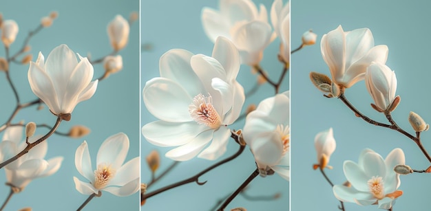 A beautiful photo of blooming magnolia flowers in spring with soft pastel colors in three panels for home decoration