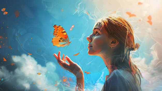 Beautiful photo of the girl frees the butterfly from moment concept of freedom