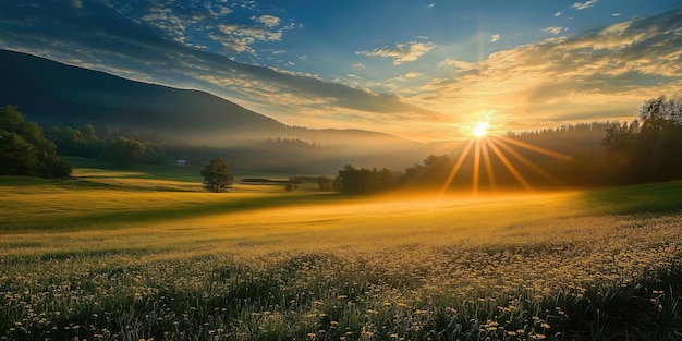 Photo beautiful photo landscape at sunrise or sutting with rising or setting sun over the morning or evening valley or floral meadow in summer