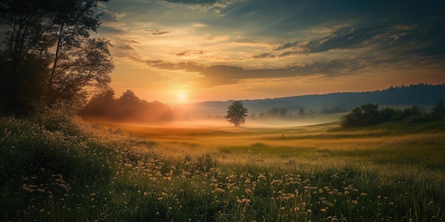 Photo beautiful photo landscape at sunrise or sutting with rising or setting sun over the morning or evening valley or floral meadow in summer