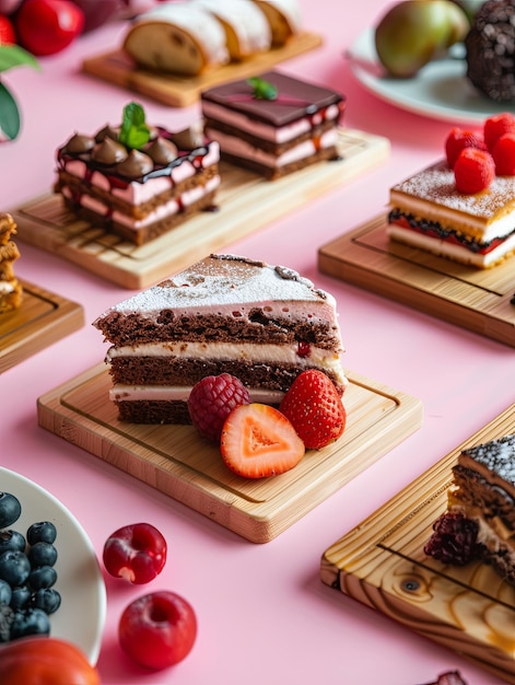 a beautiful photo of several pieces of cake on wooden boards AI Generative