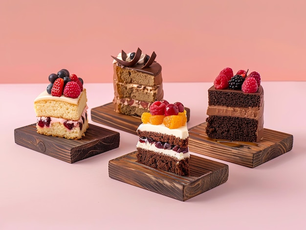 a beautiful photo of several pieces of cake on wooden boards AI Generative