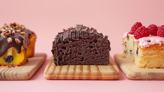 a beautiful photo of several pieces of cake on wooden boards AI Generative