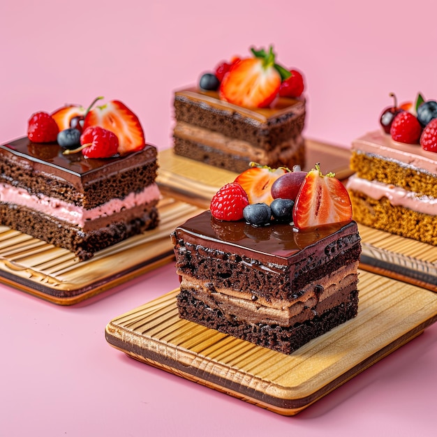 a beautiful photo of several pieces of cake on wooden boards AI Generative