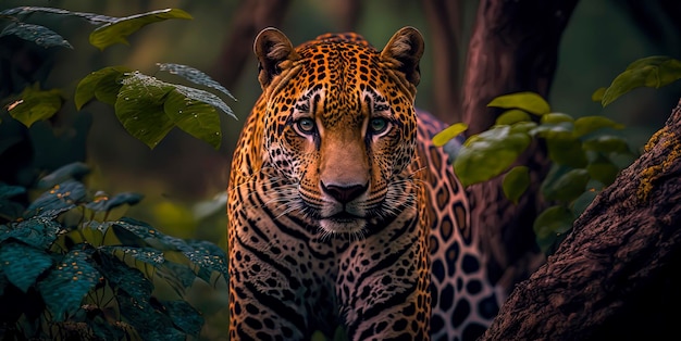 A beautiful photography of a jaguar in a jungle Generative AI