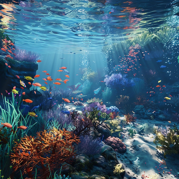 a beautiful photorealistic image of an underwater coral reef Include a variety of colorful fish