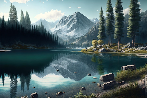 Beautiful photorealistic lake near a mountain with a beautiful natural environment