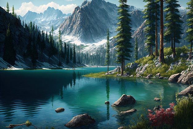 Beautiful photorealistic lake near mountain with a beautiful nature environment