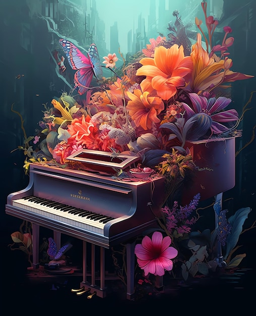 Beautiful piano pastel with flowers in watercolor style photorealistic piano in the forest