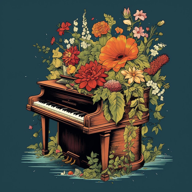 Beautiful piano pastel with flowers in watercolor style photorealistic piano in the forest